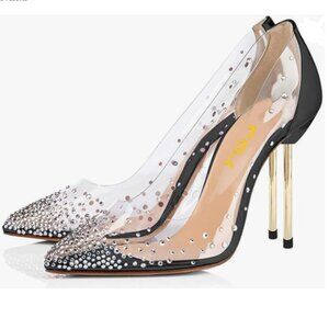 FSJ Black Transparent Studded Pointed Toe Pumps High Heels Shoes